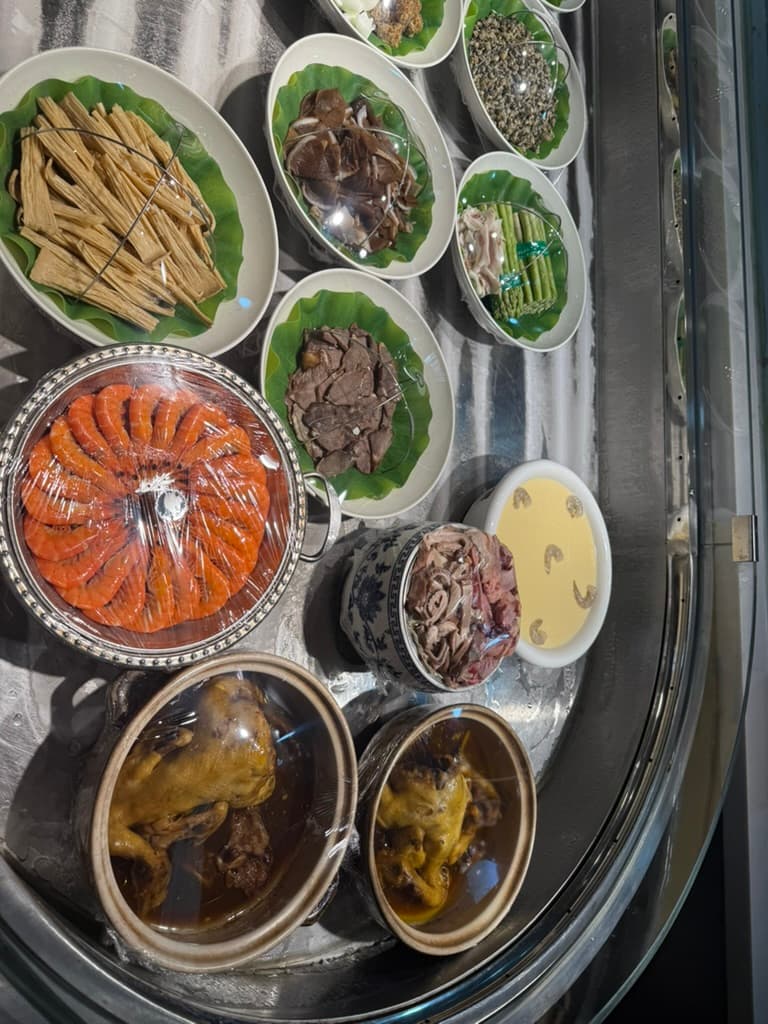 Chinese banquet — prawns, mushrooms, traditional dishes
